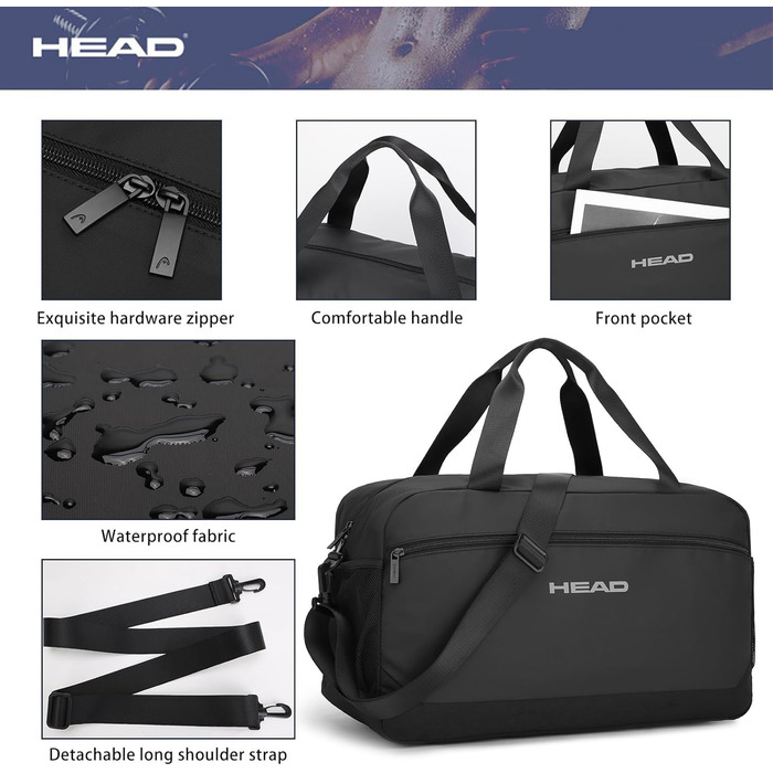 Водонепроникна спортивна сумка для подорожей HEAD, 40 л, велика сумка для фітнесу та бізнес-поїздок, чорна