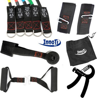 Еластичні стрічки InnoTi для фітнесу: набір для нарощування м'язів, домашні тренування, стрічки-експандер з латексу, м'які петлі та дверний анкер, 45-68 кг