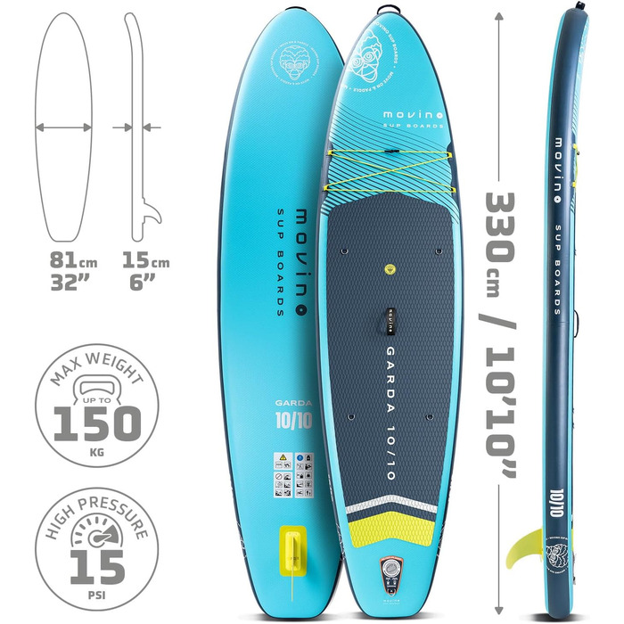 Надувний SUP Борд Movino Garda Allround 10'10' - Комплект для Сапсерфінгу (330 см, Турквіз-Лимон)
