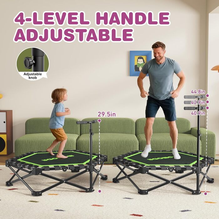 Трамплін для фітнесу MOMODA складаний, з ручкою, діаметр 106 см, зелений. Підходить для дітей та дорослих.