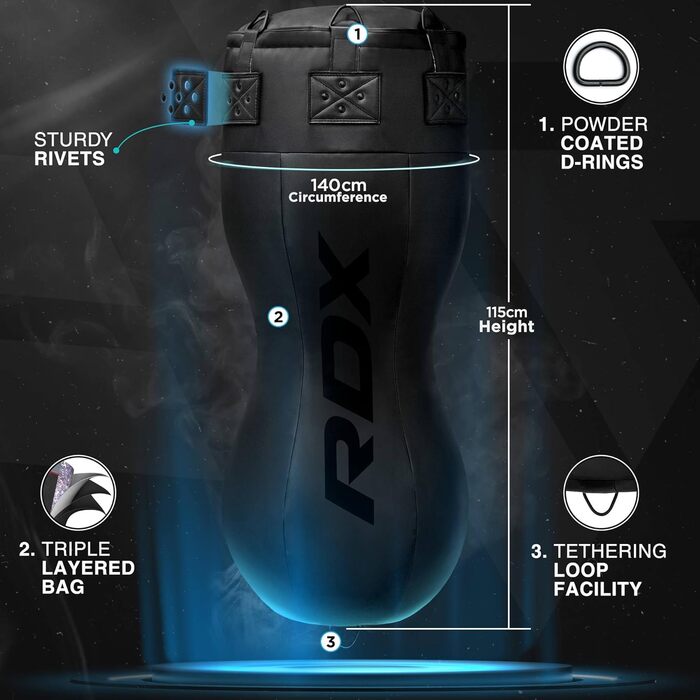 RDX Боксерський мішок Boxen Body Boxsack з рукавичками та сталевим ланцюгом, мішок для боксу Maya Hide, для кікбоксингу, MMA, муай-тай, карате, чорний, не наповнений