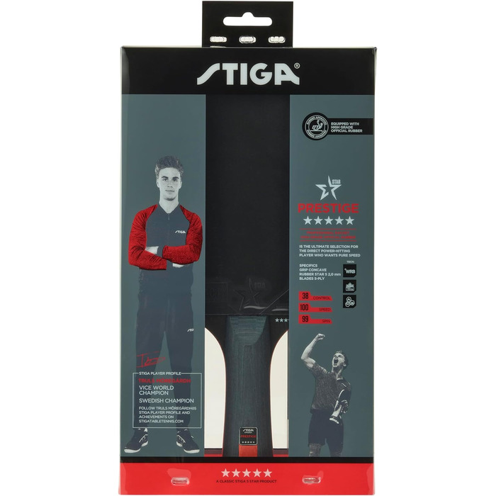 Тенісний ракетка STIGA Prestige 5-Star – професійна пінг-понгова ракетка з ITTF-сертифікованим покриттям, губкою 2.0 мм та технологією WRB – зручна ручка