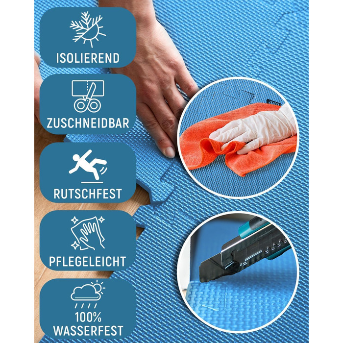 Фитнес-мат NEOLYMP для спортивного обладнання, посилена пазл-підлога для тренувань та гімнастики, захисний килимок (блакитний, 18 шт, 1.7 м²)