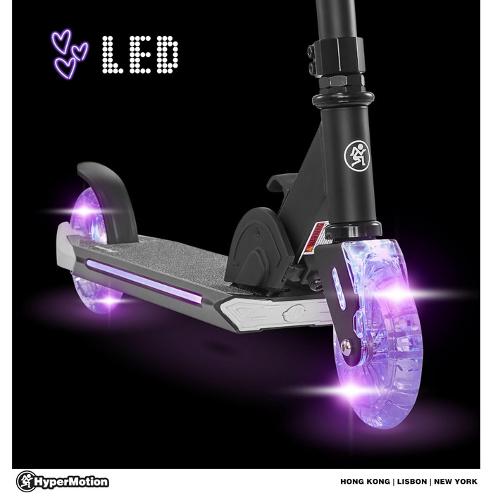 Дитячий самокат HyperMotion Ice Flash для дітей від 5 років, двоколісний, складний, з LED-підсвіткою, чорний/синій, навантаження до 50 кг, гумові колеса 125 мм, регульований кермо, гальмо Flex-Fender