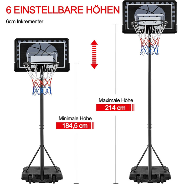 Баскетбольне кільце Yaheetech з регульованою висотою на стійці з колесами для вулиці та приміщення (76,5x56,5x249 см)
