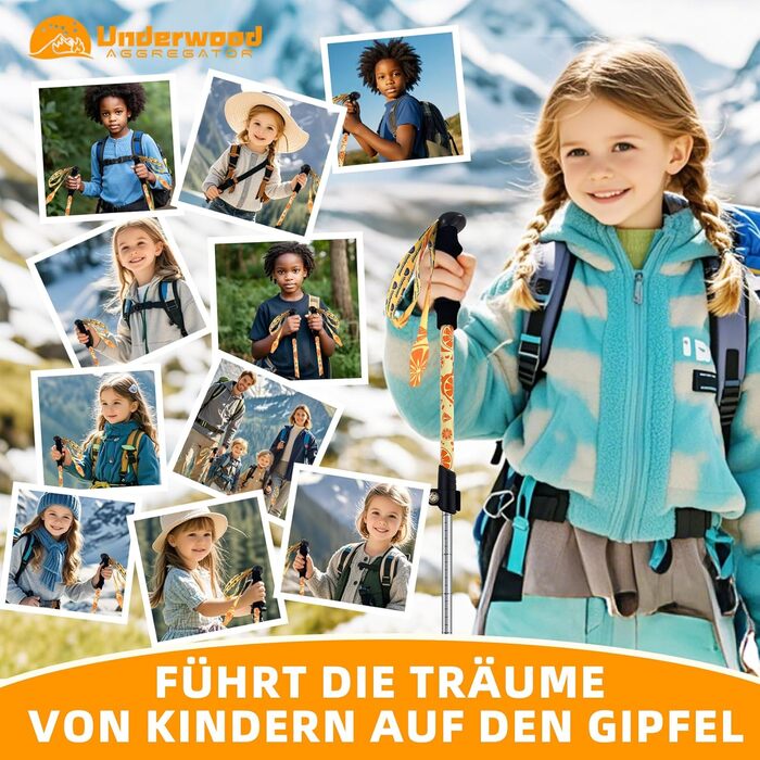 Дитячі телескопічні трекінгові палиці UnderwoodAggregator для походів та лиж, легкі алюмінієві палиці для дітей 6-12 років, жовті, 2 шт.