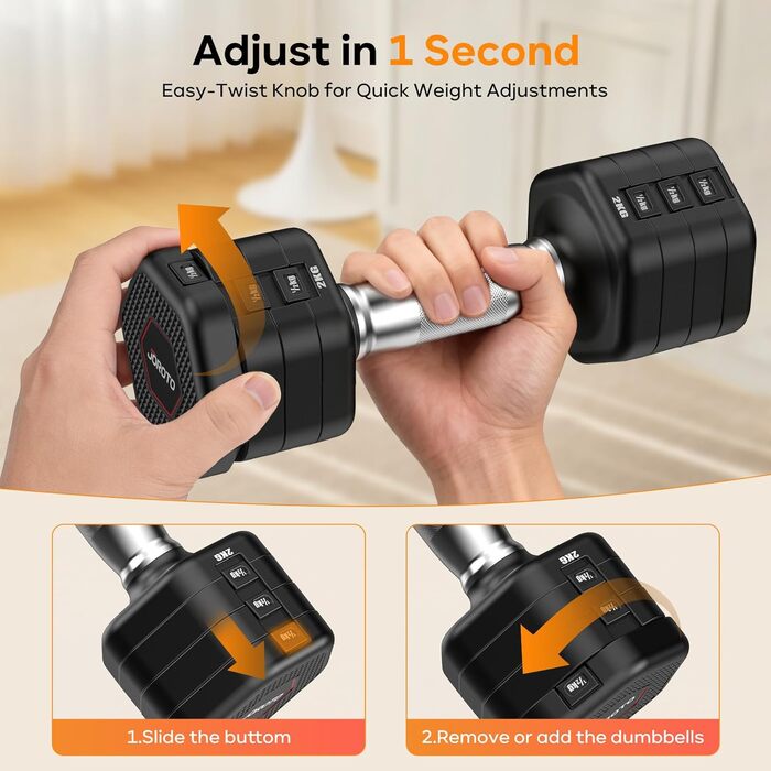 Набір гантелей JOROTO 4-в-1, регульовані гантелі, 2 шт., 2–5 кг, хромоване покриття, неслизький грип, для чоловіків та жінок, силові тренування, фітнес, домашні тренування (чорний)