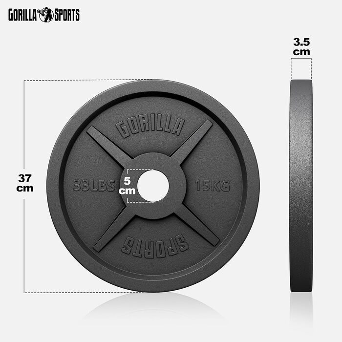Олімпійські млинці GORILLA SPORTS, чавун, 1,25–30 кг, 50 мм, окремо або набір
