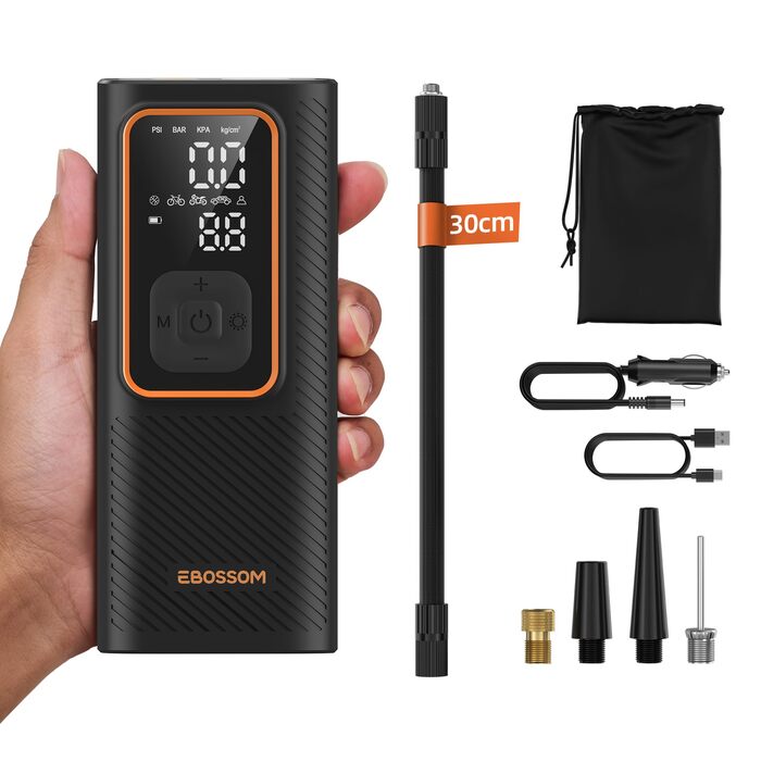 Електрична повітряна помпа 10.3 Bar з акумулятором, 6000mAh та 12V DC, для авто, мото, велосипеда, з LED-ліхтариком та автовимкненням (Оранжева, I7)