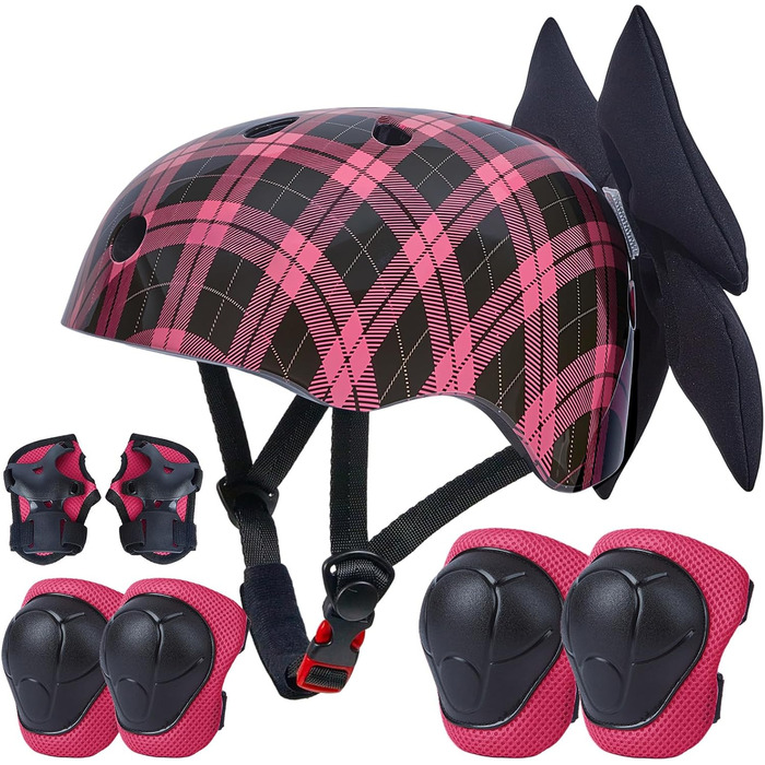Дитячий шолом Kinder для дівчаток 8-14 років з повним захистом (шолом, наколінники, налокітники), чорно-рожевий, розмір M (52-58 см)