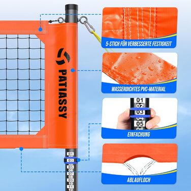 Професійна волейбольна сітка для саду з регульованою висотою, стійками з антикорозійним покриттям, лінією розмітки, м'ячем PU, насосом, натягувачами та сумкою для транспортування (9.75м*1м)