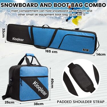 Сумка для сноуборда та черевиків Kioqiear з підкладкою, підходить для сноуборда до 165 см та черевиків розміру до 45, включає сумку для сноуборда та сумку для черевиків (Blau)