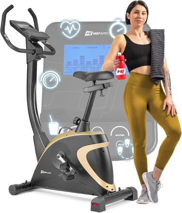 Велотренажер Hop-Sport HS-005H з керуванням через додаток, 12 програмами тренувань, 16 рівнями опору, для дому, до 150 кг, золотий