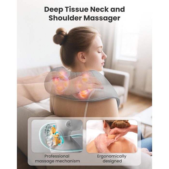 Масажер для шиї та плечей Snailax з підігрівом, акумуляторний Shiatsu 4D, для шиї, плечей, спини, подарунок, сірий та зелений