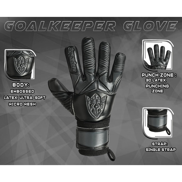 Футбольні воротарські рукавички Keeperking для дітей, підлітків та дорослих. Без захисту пальців, 4 мм латекс, довга долоня, унісекс, чорний.