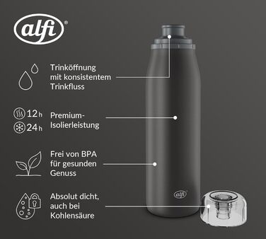 Термос-пляшка alfi ISO 500 мл чорна, нержавіюча сталь, герметична, для газованих напоїв, BPA-free, зберігає тепло до 12 годин, холод до 24 годин
