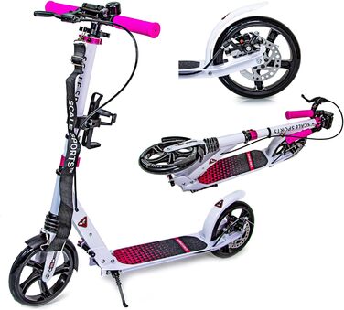 Самокат Scale Sports для дорослих, підлітків і дітей від 7 років, до 100 кг, складаний, з ручним і дисковим гальмом, легкий, з ременем для перенесення, рожевий