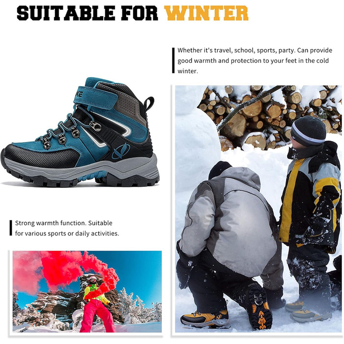 Зимові черевики VITIKE для дітей (хлопчики та дівчатка), тепле хутро, черевики для снігу та трекінгу, розмір 38 EU, колір Павлиній синій