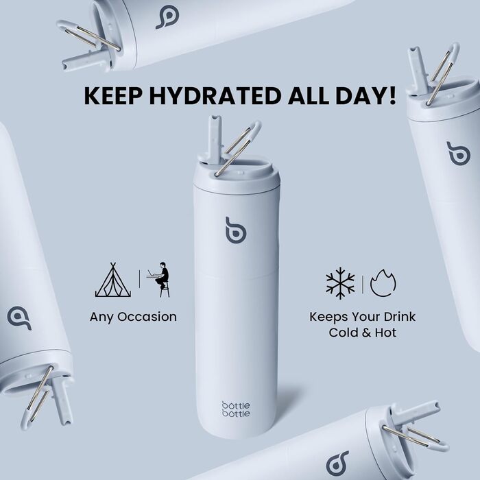 Водяна пляшка з нержавіючої сталі 750 мл з соломкою, кришкою та ручкою - ізольована, без BPA, з подвійними стінками. Ідеальна для спорту, подорожей та фітнесу (Блакитна)