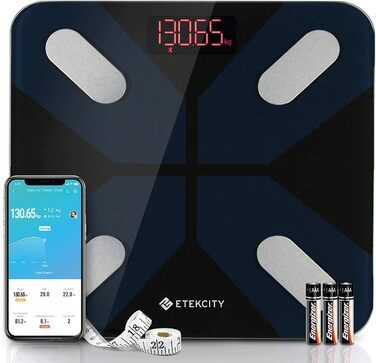 Etekcity Bluetooth вага-аналізатор жиру, цифрова вага для тіла з розумним додатком, вимірює вагу, жир, ІМТ, м’язову масу, воду, білок, до 180 кг, батарейки, чорна