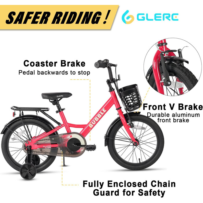 Дитяче велосипед Glerc Bubble 12/14/16 дюймів для хлопчиків та дівчаток 3-8 років з корзиною та стабілізаторами, різні кольори (рожевий, 14 дюймів)