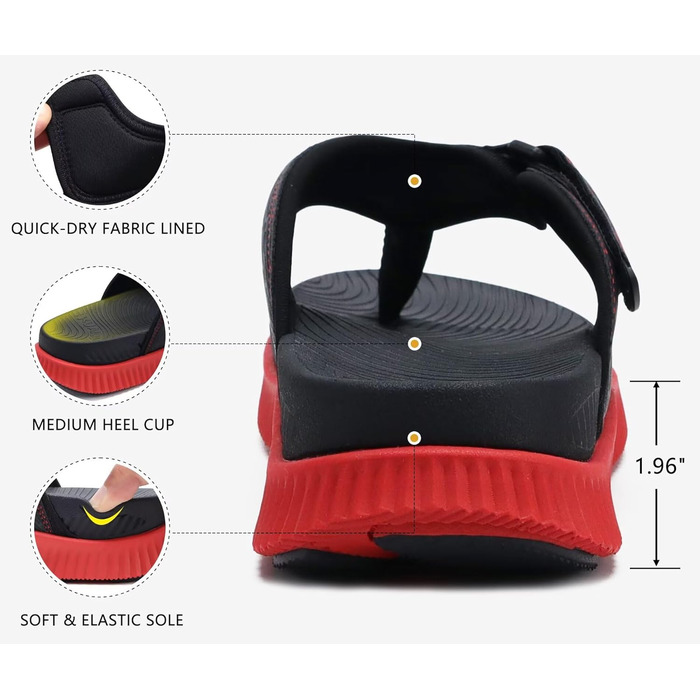 Чоловічі шльопанці KuaiLu для відновлення та ходьби, ортопедичні, спортивні, з товстою підошвою, комфортні, з підтримкою склепіння стопи, чорно-червоні, 46 EU