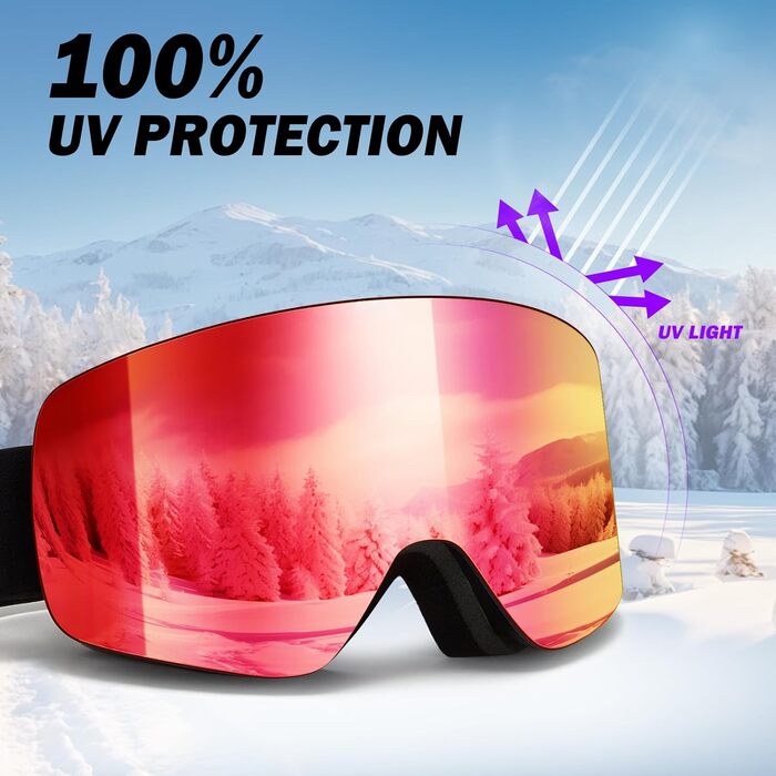 Скі-маска JQF Gear для унісекс YH227 з захистом від запотівання, анти-ковзаючим ремінцем, UV-захистом та регулюванням. Скі-окуляри для сноубордингу та катання на лижах, REVO покриття, червоно-чорний колір (VLT16%)