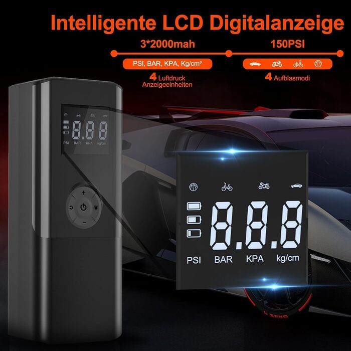 Електричний компресор для велосипедів EasyPump 12V: 150PSI, USB-C, LCD, LED, Powerbank, для всіх типів вентилів