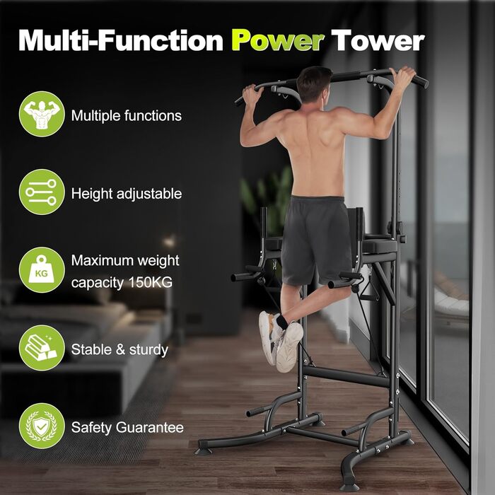 Power Tower Dskeuzeew з регулюванням висоти, чорний - багатофункціональна турнікова стійка для тренувань до 150 кг
