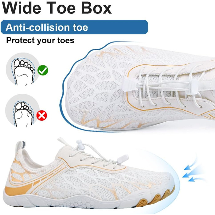 Взуття Barfuss для жінок та чоловіків: водяні, плавальні кросівки, дихаючі, швидковисихаючі, 36-46 EU, білий/золотий