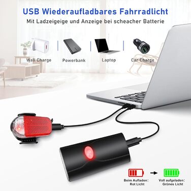 Набір LED-ліхтарів для велосипеда: фара та задній ліхтар, USB-зарядка, водонепроникність, схвалено STVZO, для дітей та дорослих