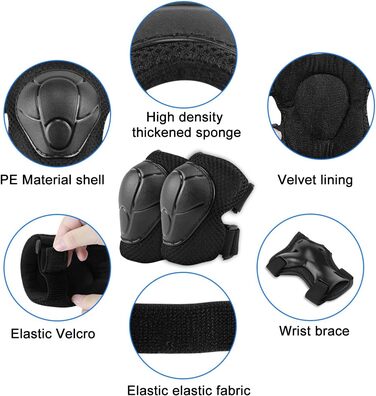 Набір наколінників Kinder 6 в 1: захист колін, ліктів, зап'ясть для скейтбордингу, інлайнів, Hoverboard, велосипеда (чорний)