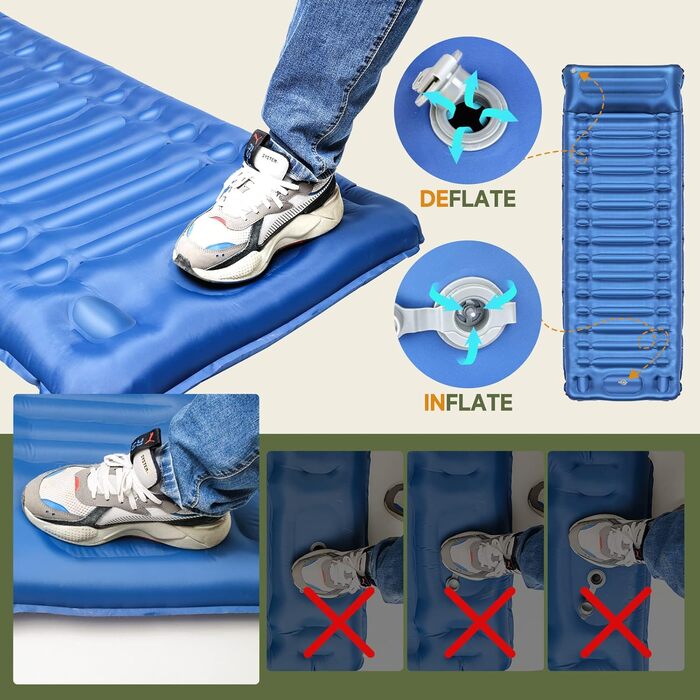 Каремат для кемпінгу Bluever самонадувний з насосом для ніг, 14 см, товстий, з подушкою. Підходить для походів, намету, відпочинку на природі, пляжу, подорожей.