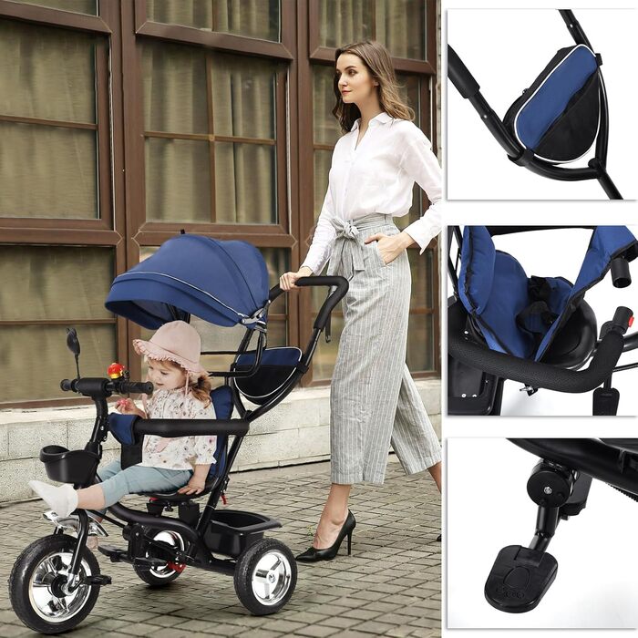Триколісний велосипед 4 в 1 для дітей від 1 року з батьківською ручкою – дитячий триколіс для 1-4 роки до 25 кг, регульована батьківська ручка, поворотне сидіння, складна тентова система та кошик – компактний та безпечний (Темно-синій)