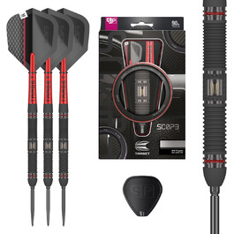 Професійний набір сталевих дротиків Target Darts Scope Swiss Point, 90% вольфрам, червоно-чорні, 21-25 г, з інструментом