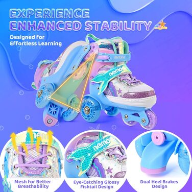 Дитячі ролики Nemone для дівчаток, блакитно-фіолетові, 4 розміри, регульовані, для катання в приміщенні та на вулиці