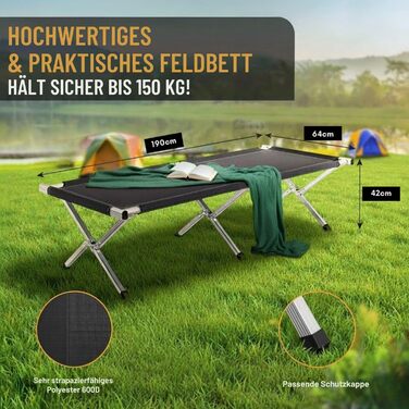 Ліжко кемпінгове Kronenburg XXL 210x72x45 см, сталеве, до 200 кг, чорне