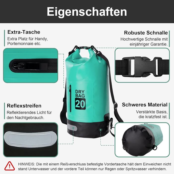 Водонепроникний мішок Blackace Arteesol Dry Bag 5L/10L/30L - міцний Packsack з регульованим ремінцем для водних видів спорту (Мінт, 20L)