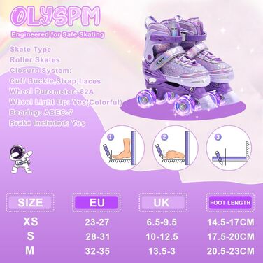 Дитячі ролики для дівчаток з регулюванням розміру, світловідбиваючі, з підсвічуванням коліс, для початківців, фіолетові (EU28-31)