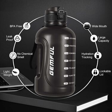 Пляшка спортивна GEMFUL 3л з міткою часу, соломинкою та ручкою, сіра. BPA-free, герметична, для фітнесу, тренувань та активного зволоження.