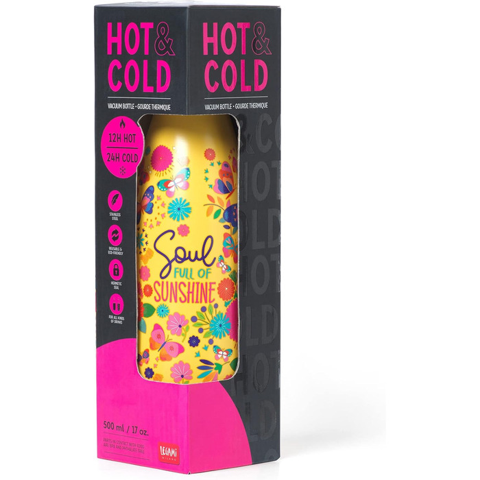 Термос Legami Hot&Cold 500 мл, металева пляшка з герметичною кришкою та силіконовою ручкою, метелик, без BPA, Soul full of Sunshine
