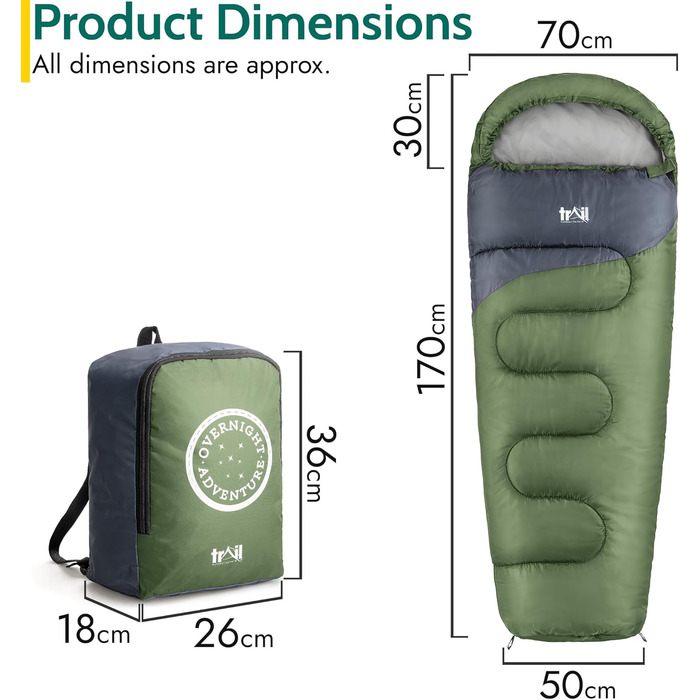 Дитячий спальний мішок Trail Mumienschlafsack для кемпінгу на 3 сезони – 300gsm, для хлопчиків та дівчаток, з легким рюкзаком – хакі