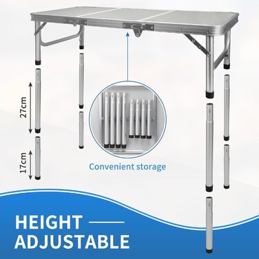 Складний туристичний стіл CPROSP 90x40 см, регулювання висоти 26-70 см, срібний
