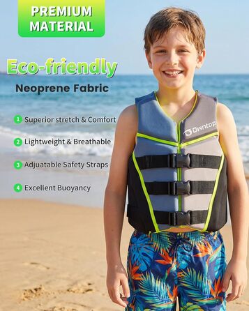 Owntop Світлотехнічна жилетка для плавання, регульована, з трьохточковим ременем безпеки, для дітей та підлітків, жовта (L). Підходить для каякінгу, плавання, риболовлі та снорклінгу.