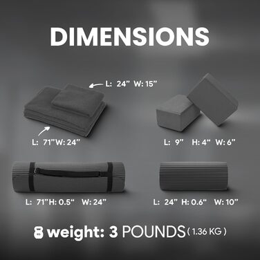 Набір для йоги BalanceFrom GoYoga 7 в 1: килимок 1/2'' з ременем, 2 блоки, рушник для килимка, рушник для рук, ремінь, наколінник, сірий