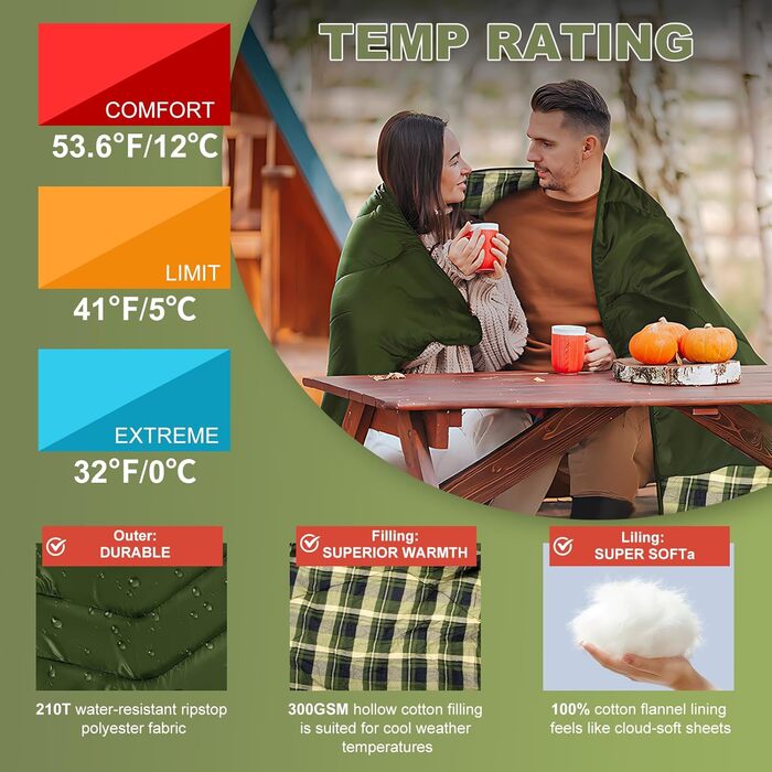 Спальний мішок для двох дорослих та дітей, XL Queen Size, для кемпінгу та походів, універсальний, легкий, водонепроникний, з компресійним мішком, чорний/зелений