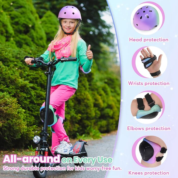 Набір захисту Kinderhelm 7-in-1: шолом, наколінники, налокітники, захист зап'ястя. Рожевий, фіолетовий, зелений