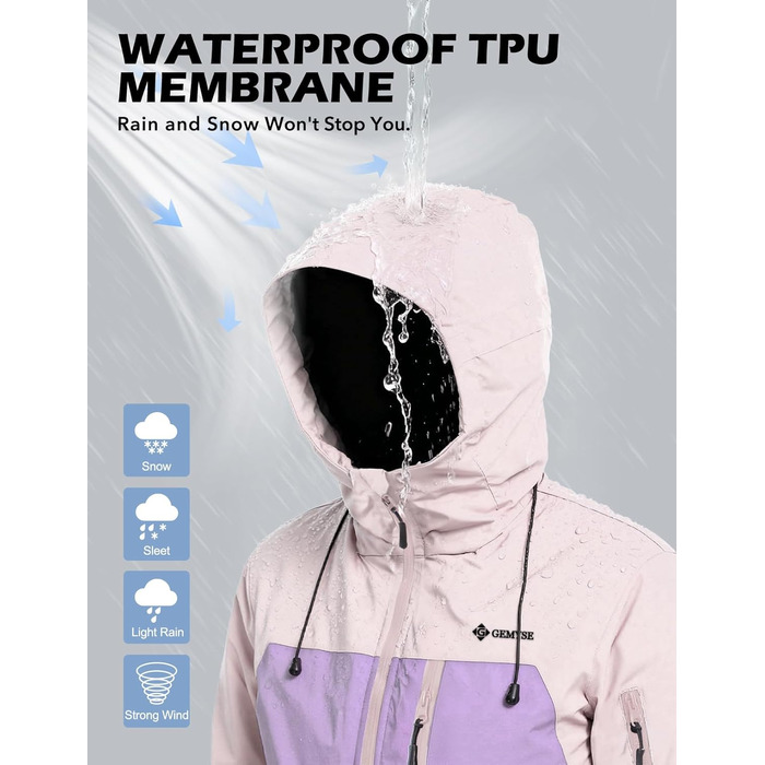 Жіноча лижна куртка GEMYSE з інтегрованими плечовими ременями. Тепла зимова куртка, водонепроникна, вітронепроникна та дихаюча. Снігова куртка для активного відпочинку. Кольори: SakuraRosa, Eisviolett, Morgenvioett. Розмір: L