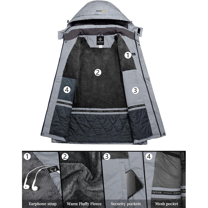 Чоловіча тепла зимова куртка GEMYSE для катання на лижах, вітро- та водонепроникна, дихаюча, з багатьма кишенями, з капюшоном (Сірий, M)
