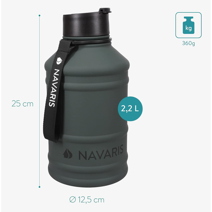 Navaris Фітнес пляшка для води 2,2 л з нержавіючої сталі, спортивна питна пляшка для тренувань, BPA Free, антрацит